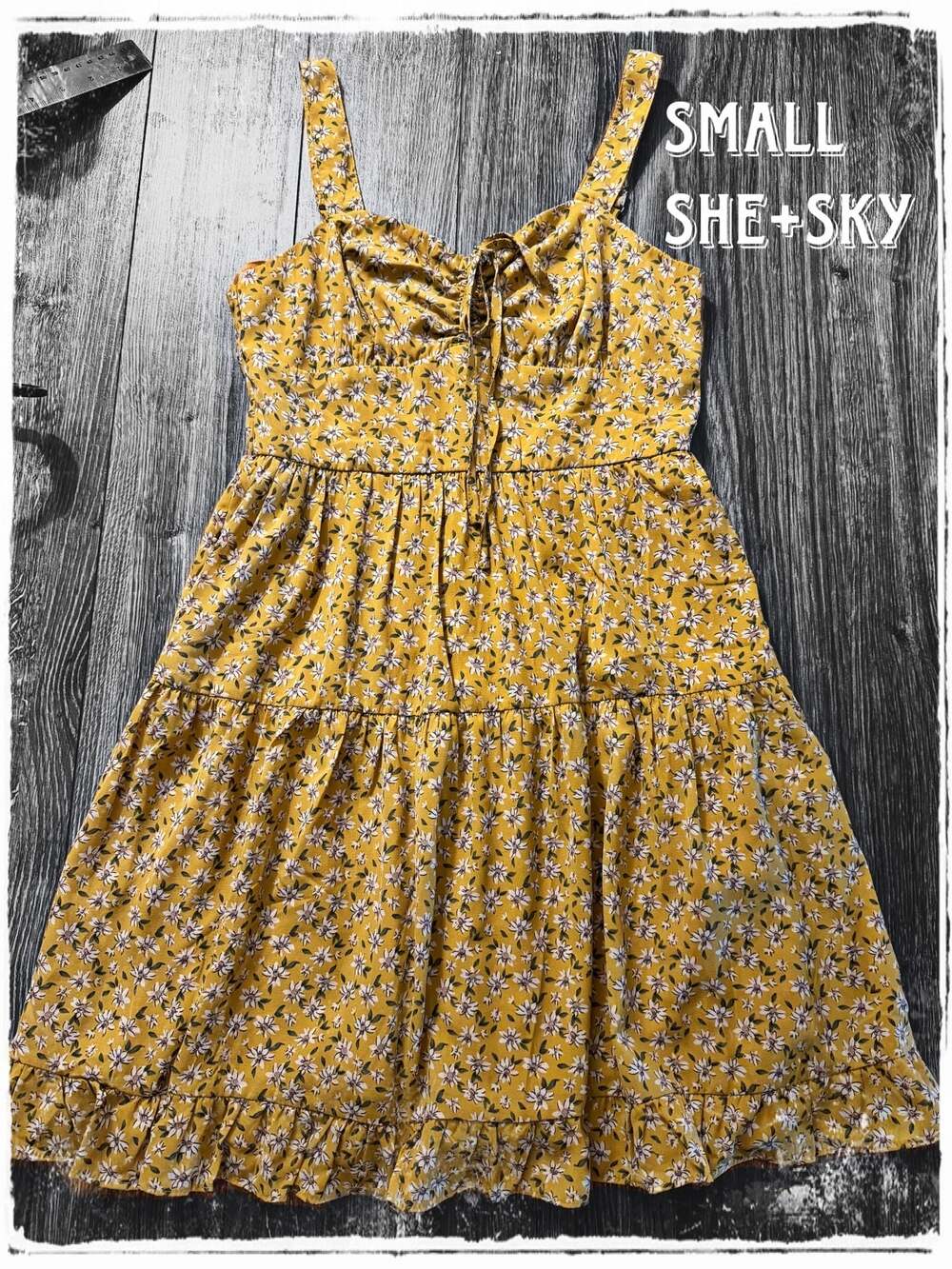 SHE+SKY Women's Mustard Floral Ruched Tie-Front Tiered Ruffle Mini Dress S